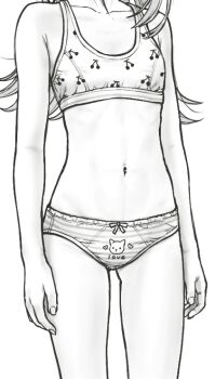 0zwn1 1girl arms_at_sides bra cherry_print commentary_request cowboy_shot flat_chest food_print front-print_panties fruit_print greyscale head_out_of_frame korean_commentary monochrome navel original panties print_bra print_panties solo standing stomach striped_clothes striped_panties underwear underwear_only