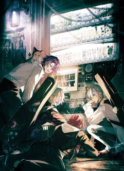 4boys alternate_costume black_cat black_jacket cat commentary fuwa_minato fuwacchi_cruller hair_between_eyes highres ibrahim_(nijisanji) instrument_case instrument_case_on_back jacket lauren_iroas leaning_forward light_particles long_sleeves looking_at_another male_focus maracas_ghost multicolored_hair multiple_boys nijisanji om_(tyakonnpasu) on_ground open_mouth parted_bangs poster_(object) purple_hair red_hair short_hair smile squatting streaked_hair vending_machine virtual_youtuber watarai_hibari white_hair white_jacket