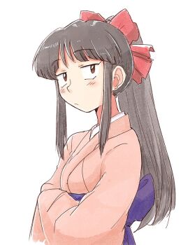 1990s_(style) 1girl black_hair bow breasts brown_eyes crossed_arms hair_ribbon half-closed_eyes japanese_clothes long_hair looking_at_viewer red_bow retro_artstyle ribbon sakura_taisen sega shinguuji_sakura small_breasts solo unamused