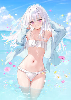 1girl bare_shoulders bikini blush collarbone commentary_request day falling_flower falling_petals flower highres long_hair long_sleeves looking_at_viewer mignon navel off_shoulder open_clothes original outdoors parted_lips partially_submerged petals purple_eyes shiro_(mignon) smile solo stomach swimsuit teeth thighs water white_bikini