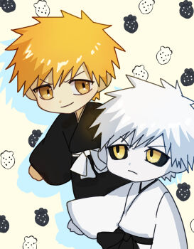 Rule 34 | 22nae2, 2boys, black sclera, bleach, brown eyes, chibi, closed mouth, colored sclera, commentary, dual persona, highres, hollow ichigo, japanese clothes, kurosaki ichigo, looking at another, male focus, multiple boys, orange hair, short hair, spiked hair