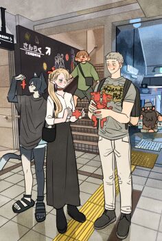 2girls 3boys :q alternate_universe animal_ears bag beard black_bag black_hair blonde_hair blue_eyes brown_hair brown_shirt cat_ears cat_girl cat_tail chilchuck_tims contemporary creature dungeon_meshi dwarf facial_hair floor green_shirt grey_footwear grey_hair grey_shirt handbag highres holding indoors izutsumi laios_touden long_beard long_skirt marcille_donato multiple_boys multiple_girls senshi_(dungeon_meshi) shirt shorts skirt slippers smile stairs standing tail takeuchi_ryousuke tongue tongue_out train_station unamused very_long_beard