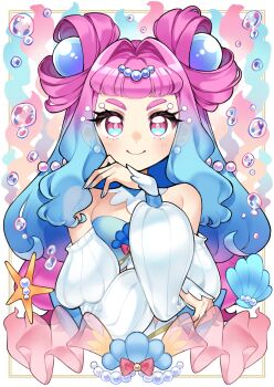 1girl absurdres blue_eyes blue_hair blue_nails blush bubble commentary cure_la_mer eyelash_ornament gradient_hair hair_ornament highres kurihara_sakura laura_la_mer long_hair magical_girl multicolored_eyes multicolored_hair pearl_hair_ornament pink_eyes pink_hair precure revision shell short_bangs smile solo sphere_hair_ornament symbol_in_eye thick_eyelashes tropical-rouge!_precure two_side_up