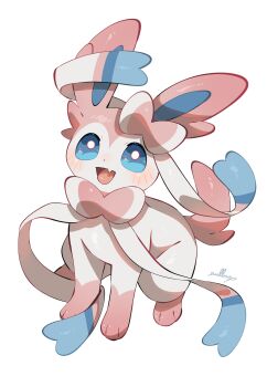 Rule 34 | absurdres, animal focus, blue eyes, blue sclera, blush, bow, colored sclera, fang, gen 6 pokemon, highres, looking at viewer, nintendo, no humans, nullma, open mouth, pink fur, pokemon, pokemon (creature), pokemon focus, ribbon, simple background, skin fang, smile, solo, sylveon, two-tone fur, white background, white fur