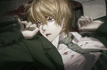 Rule 34 | 1boy, black jacket, blood, blood from ears, blood on clothes, blood on face, brown eyes, collared shirt, death note, death note (object), diagonal-striped clothes, diagonal-striped necktie, fingernails, hair between eyes, highres, implied death, jacket, konoko-tachi (107omoide), lying, male focus, necktie, nose, nosebleed, notebook, on back, on floor, on stairs, open clothes, open jacket, open mouth, red eyes, shinigami eyes (death note), shirt, short hair, solo, striped clothes, suit jacket, twitter username, white shirt, yagami light