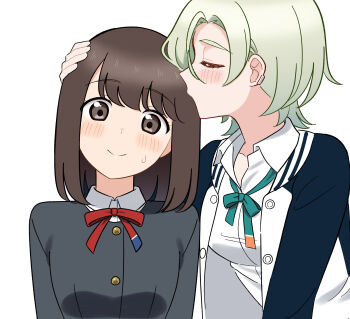 Rule 34 | 2girls, anata-chan (love live!), black jacket, blush, breasts, brown hair, collared shirt, commentary request, daleka333, green ribbon, grey eyes, hand on another's head, highres, jacket, kissing head, letterman jacket, love live!, love live! nijigasaki high school idol club, love live! school idol festival all stars, medium breasts, medium hair, mia taylor, multiple girls, neck ribbon, nijigasaki school uniform, open clothes, open jacket, red ribbon, ribbon, school uniform, shirt, simple background, sweatdrop, upper body, white background, white jacket, white shirt, winter uniform, yuri