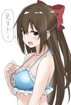 Rule 34 | 1girl, annoyed, arm at side, bare arms, bare shoulders, bikini, blue bikini, blue eyes, blush, bow, breasts, brown hair, cleavage, collarbone, frilled bikini, frills, from side, hair between eyes, hair bow, half updo, halterneck, hand up, long hair, looking at viewer, looking to the side, love live!, love live! nijigasaki high school idol club, maho ron1, medium breasts, open mouth, osaka shizuku, red bow, sideways glance, simple background, solo, speech bubble, straight hair, swimsuit, upper body, v-shaped eyebrows, white background, white frills