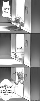 1boy 1girl absurdres alternate_breast_size_(larger) breasts closed_eyes commandant_(pgr) commentary den_kun69 dragging english_commentary english_text facing_viewer greyscale headgear highres implied_sex large_breasts liv:_eclipse_(pgr) liv_(pgr) monochrome naked_towel open_mouth punishing:_gray_raven sketch smile sweatdrop towel trembling twitter_username waving