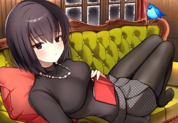 1girl bird black_eyes black_hair blush breasts commentary english_commentary highres kuonji_alice long_sleeves looking_at_viewer lost_robin_rondo mahou_tsukai_no_yoru medium_breasts short_hair umirunie