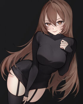 absurdres between_legs black_background black_dress breasts brown_eyes brown_hair dress garter_straps hand_between_legs highres hololive hololive_english large_breasts long_hair looking_at_viewer nanashi_mumei smile solo thick_thighs thighhighs thighs vonshia