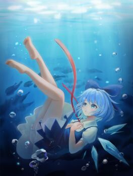 1girl absurdres air_bubble barefoot blue_bow blue_dress blue_eyes blue_hair bow bubble cirno detached_wings dress feet god_mang hair_bow highres ribbon short_hair solo submerged touhou underwater wings