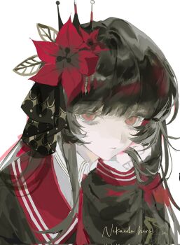 Rule 34 | 1girl, artist request, black hair, black shirt, character name, closed mouth, commission, corrupted twitter file, crown, expressionless, flower, hair flower, hair ornament, hand on own cheek, hand on own face, hashtag-only commentary, head rest, highres, long hair, long sleeves, looking at viewer, mahou shoujo no majo saiban, nikaido hiro, red eyes, red flower, second-party source, shirt, simple background, solo, upper body, white background