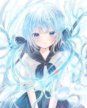 1girl absurdres air_bubble black_neckerchief black_ribbon black_sailor_collar black_skirt blue_eyes blue_hair bottle_miku bubble center-flap_bangs closed_mouth commentary_request expressionless floating_hair hair_ribbon hatsune_miku highres light_blush liquid_hair long_hair looking_at_viewer low_twintails midriff_peek neckerchief pale_migi pleated_skirt ribbon sailor_collar sailor_shirt school_uniform serafuku shirt short_sleeves skirt solo straight-on summer_uniform twintails upper_body very_long_hair vocaloid white_background white_shirt