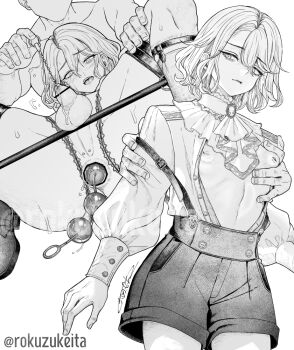 2boys anal anal_beads anal_object_insertion anus bdsm flaccid greyscale groping inverted_nipples medium_hair monochrome multiple_boys object_insertion open_clothes open_mouth original penis perineum_piercing piercing precum rokuzukeita sex_toy shirt small_penis spreader_bar testicles thighs trap urethral_beads yaoi