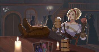 3girls alcohol alisa_boskonovich autumn-sacura beer beer_mug belt black_footwear blonde_hair blue_eyes boots brown_belt candle card ciri ciri_(cosplay) cosplay crossover cup eliza_(tekken) gloves highres holding holding_cup lidia_sobieska looking_at_viewer mug multiple_girls reina_(tekken) scar scar_across_eye scar_on_face tavern tekken tekken_8 the_witcher_(series)