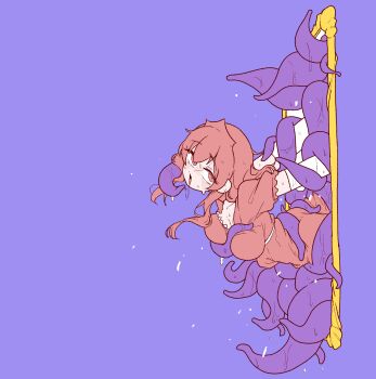 1000-nen_ikiteru_(vocaloid) 1girl blush breasts commentary_request dress elbow_gloves gloves highres iki_(iyowa) iyowa_girls large_breasts long_hair looking_at_viewer looking_to_the_side medoshikorinda pink_dress pink_eyes pink_hair puffy_short_sleeves puffy_sleeves purple_background restrained saliva saliva_trail short_sleeves simple_background solo sweat tentacle_between_breasts tentacle_sex tentacles through_medium through_painting tiara very_sweaty