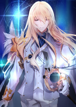 1boy absurdres arm_at_side ascot blonde_hair blue_ascot brooch cape collared_cape commentary cowboy_shot facing_viewer fate/grand_order fate_(series) feathers formal_clothes frilled_sleeves frills glint gloves gold_trim grey_eyes hair_between_eyes half-closed_eyes highres holding holding_staff jacket jewelry kirschtaria_wodime long_hair long_sleeves looking_down mage_staff male_focus open_clothes open_jacket pants parted_lips runaruna1444 shirt side_cape solo staff standing suit vest white_cape white_feathers white_gloves white_jacket white_pants white_shirt white_suit white_vest