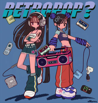 2girls arm_warmers artist_name belt black_choker black_eyes blue_background blush boombox brown_eyes brown_hair cassette_tape cellphone choker closed_mouth commentary crop_top crossed_arms disposable_camera english_commentary facing_to_the_side faux_retro_artstyle fingernails flat_chest flip_phone green_skirt green_socks hair_ornament hairclip headphones highres holding holding_boombox light_smile long_fingernails long_hair looking_at_viewer loose_socks midriff minidisc minidisc_player multicolored_hair multiple_girls nail_polish norixio o-ring o-ring_choker original pants phone power_cord purple_arm_warmers purple_nails red_nails red_pants shirt shoes short_sleeves sidelocks simple_background skirt smile sneakers socks spiked_choker spikes standing standing_on_one_leg star_(symbol) star_hair_ornament swept_bangs symbol_in_eye tank_top text_background track_pants twintails very_long_hair white_belt wispy_bangs wristband