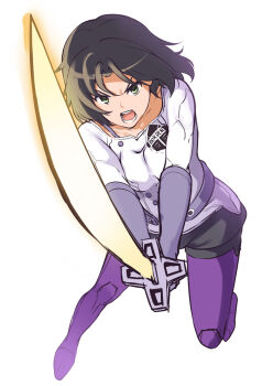 Rule 34 | 1girl, black hair, boots, breasts, commentary, energy sword, gloves, green eyes, highres, huyumitsu, incoming attack, kumagai yuuko, looking at viewer, medium breasts, medium hair, nasu squad's uniform, open mouth, purple boots, purple gloves, simple background, strap, sword, upper body, weapon, white background, world trigger