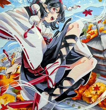 1girl autumn_leaves bird_wings black_hair black_wings geta hand_fan hat hauchiwa highres holding holding_fan leaf leaf_fan leg_ribbon mokoiscat open_mouth outdoors pagoda pointy_ears pom_pom_(clothes) red_eyes red_hat red_sandals ribbon sandals shameimaru_aya solo tengu tengu-geta tokin_hat touhou wings