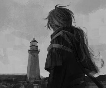 1boy antenna_hair capelet coat collared_capelet feynman68072 flins_(genshin_impact) from_behind genshin_impact greyscale lighthouse long_hair long_sleeves male_focus monochrome outdoors sky solo upper_body