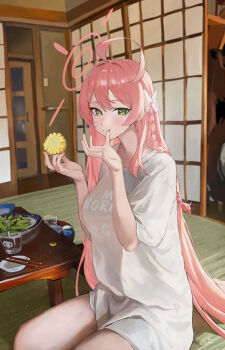 Rule 34 | 1girl, absurdres, ahoge, blue archive, bow, braid, chabudai, chopsticks, cup, drinking glass, eating, food, green eyes, hair between eyes, hair bow, halo, hanako (blue archive), highres, holding, holding food, jianjia, licking own finger, long hair, looking at viewer, oversized clothes, oversized shirt, pink hair, pink halo, seiza, shirt, shouji, side braid, sitting, sliding doors, solo, table, tongue, tongue out, white bow, white shirt