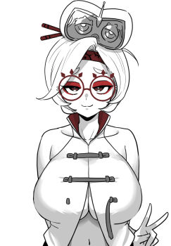 1girl :3 bare_shoulders breasts closed_mouth collarbone commentary_request eyeshadow glasses goggles goggles_on_head greyscale hair_ornament hair_stick headband highres large_breasts looking_at_viewer makeup monochrome navel nintendo purah red-framed_eyewear red_eyeshadow red_headband round_eyewear sheik shirt simple_background sleeveless sleeveless_shirt smile solo spot_color the_legend_of_zelda the_legend_of_zelda:_tears_of_the_kingdom upper_body v wasabi_(legemd) white_background