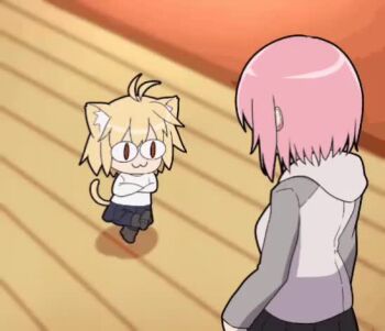 2girls :3 =_= animal_ears animated blonde_hair blue_skirt breakdance cat_breakdancing_(meme) cat_ears cat_girl cat_tail fate/grand_order fate_(series) hood hooded_jacket indoors itsuka_neru jacket long_sleeves mash_kyrielight melty_blood melty_blood:_type_lumina meme multiple_girls neco-arc neco_spirit pantyhose pleated_skirt purple_hair red_eyes short_hair skirt sweater tagme tail tsukihime tsukihime_(remake) video white_sweater