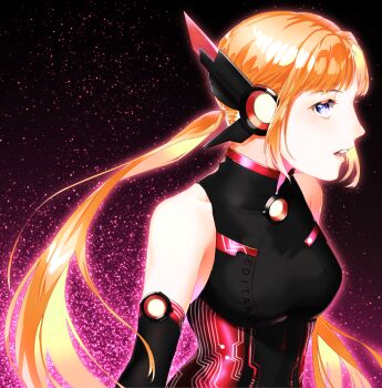 1girl absurdres bare_shoulders black_background black_gloves black_leotard blue_pupils breasts colored_inner_hair commentary_request elbow_gloves eyelashes gloves head_wings highres into_the_ruins_(shining_nikki) large_breasts leotard light_particles lips long_hair looking_at_viewer low_twintails mechanical_wings multicolored_hair multicolored_leotard nikki_(series) official_alternate_color open_mouth orange_hair outline pa_ane pink_background pink_lips pink_outline pointy_nose purple_eyes red_leotard science_fiction shining_nikki solo striped_clothes striped_leotard teeth twintails two-tone_background two-tone_leotard upper_body upper_teeth_only vertical-striped_clothes vertical-striped_leotard very_long_hair wings