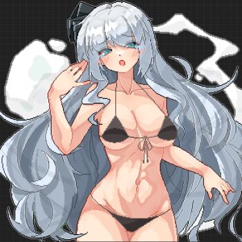 1girl :o alternate_hair_length alternate_hairstyle aqua_eyes bikini black_background black_bikini black_hairband blush breasts cleavage commentary cowboy_shot eaglov ghost grey_hair hairband highres konpaku_youmu konpaku_youmu_(ghost) large_breasts long_hair looking_at_viewer open_mouth pixel_art solo swimsuit tearing_up touhou very_long_hair