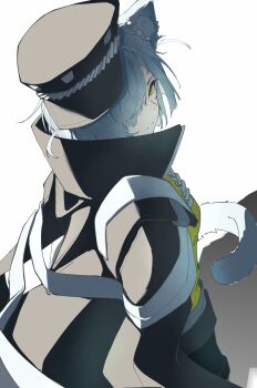 1girl absurdres animal_ear_fluff animal_ears arknights black_hat black_jacket brisevent-ash chinese_commentary closed_mouth commentary_request delphine_(arknights) grey_hair grey_tail hair_over_one_eye hat highres jacket looking_at_viewer one_eye_covered peaked_cap popped_collar short_hair simple_background solo split_mouth tail white_background yellow_eyes