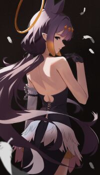 1girl absurdres backless_dress backless_outfit bare_shoulders black_dress black_gloves blue_eyes blunt_bangs commentary cross-laced_clothes cross-laced_dress detached_sleeves dress falling_feathers feathered_wings feathers from_behind gloves gradient_hair half_gloves halo hand_up highres hololive hololive_english long_hair looking_at_viewer looking_back low_twintails low_wings miniskirt mole mole_under_eye multicolored_hair ninomae_ina&#039;nis ninomae_ina&#039;nis_(1st_costume) nokde open_mouth orange_hair pleated_skirt pointy_ears purple_hair sidelocks single_detached_sleeve skirt skirt_under_dress sleeveless sleeveless_dress solo strapless strapless_dress tentacle_hair tube_dress twintails very_long_hair virtual_youtuber white_sleeves white_wings wings yellow_skirt