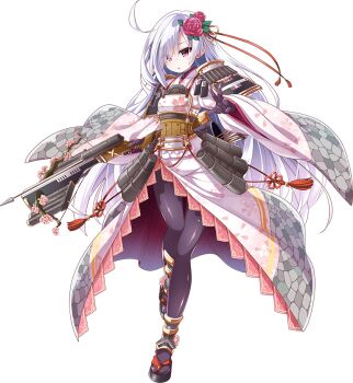 1girl ahoge akaneya armor arrow_(projectile) black_gloves black_pantyhose blush bowgun breastplate eyes_visible_through_hair flower full_body gloves hair_flower hair_ornament hair_over_one_eye holding holding_weapon long_hair official_art oshiro_project:re oshiro_project:re pantyhose quiver red_eyes shirakawa_komine_(oshiro_project) transparent_background very_long_hair weapon white_hair