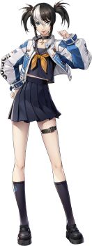 Rule 34 | 1girl, artist request, belt, black hair, black shoes, black socks, blue eyes, choker, full body, hair tie, hashimoto mayumi, highres, jacket, lightning bolt symbol, multicolored hair, official art, persona, persona 5, persona 5: the phantom x, school uniform, serafuku, shoes, skirt, smile, socks, solo, standing, thigh belt, thigh strap, transparent background, twintails, two-tone hair, white hair