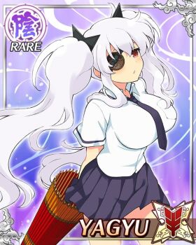 Rule 34 | 1girl, arms behind back, blue necktie, blue skirt, border, breasts, card (medium), character name, closed umbrella, eyepatch, game cg, hanzou academy school uniform, holding, holding umbrella, large breasts, long hair, looking at viewer, necktie, official art, oil-paper umbrella, parted lips, pleated skirt, red eyes, school uniform, senran kagura, senran kagura new wave, shirt, shuriken hair ornament, skirt, solo, third-party source, twintails, umbrella, very long hair, white hair, white shirt, yagyu (senran kagura)