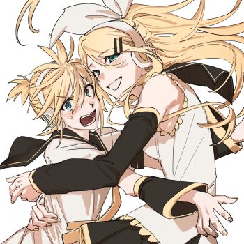 1boy 1girl arm_around_waist bare_shoulders black_sailor_collar black_skirt black_sleeves blonde_hair blue_eyes blush breasts detached_sleeves furrowed_brow grin hair_between_eyes hair_ribbon headphones hetero highres hug kagamine_len kagamine_rin kanononoring long_hair looking_at_viewer medium_breasts necktie open_mouth parted_lips ponytail ribbon sailor_collar shirt short_ponytail short_sleeves skirt sleeveless sleeveless_shirt smile sweatdrop teeth upper_body vocaloid white_background white_ribbon white_shirt yellow_necktie