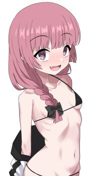 1girl arms_behind_back bikini black_bikini black_bow blunt_bangs blush bocchi_the_rock! bow braid breasts fang hair_bow hair_over_shoulder halulu highres hiroi_kikuri jacket long_hair looking_at_viewer micro_bikini navel open_clothes open_jacket open_mouth pink_hair purple_eyes ringed_eyes simple_background single_braid small_breasts smile solo swimsuit tareme upper_body white_background