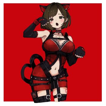 1girl anderson_m0311 animal_ears blush breasts brown_eyes brown_hair cat_ears cat_tail choker clothing_cutout commentary_request dress elbow_gloves gloves highres idolmaster idolmaster_cinderella_girls large_breasts looking_at_viewer maekawa_miku navel navel_cutout open_mouth paw_pose short_dress short_hair solo tail