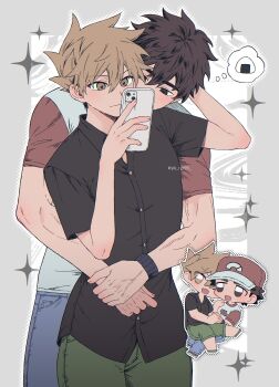 Rule 34 | 2boys, absurdres, arm up, baseball cap, black shirt, brown eyes, brown hair, buttons, cellphone, chibi, chibi inset, commentary request, couple, denim, double-parted bangs, green (pokemon), green pants, hair between eyes, hat, highres, holding, holding phone, hug, hug from behind, iphone, jeans, male focus, multiple boys, nintendo, pants, phone, pk rgr96, pokemon, pokemon sun and moon, red (pokemon), red hat, shirt, short sleeves, simple background, smartphone, sparkle, speech bubble, spoken food, spoken object, t-shirt, triangle mouth, wristband, yaoi