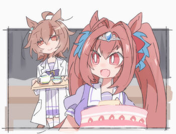 Rule 34 | 2girls, :d, agnes tachyon (umamusume), ahoge, animal ears, beer hsk, breasts, brown hair, cake, closed mouth, commentary request, cup, daiwa scarlet (umamusume), fang, food, frilled skirt, frills, hair between eyes, hair intakes, holding, holding tray, horse ears, horse girl, horse tail, large breasts, long hair, multiple girls, open mouth, pleated skirt, puffy short sleeves, puffy sleeves, purple shirt, red eyes, school uniform, shirt, short sleeves, skirt, smile, tail, teacup, teapot, thighhighs, tiara, tracen school uniform, tray, twintails, umamusume, white skirt, white thighhighs