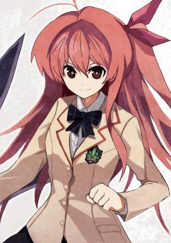 Rule 34 | 1girl, blazer, bow, bowtie, brown jacket, chaos;head, collared shirt, d-sword, dress shirt, hair bow, highres, jacket, lapels, miniskirt, non-web source, notched lapels, one side up, pink eyes, pink hair, plaid bow, plaid bowtie, plaid clothes, plaid skirt, purple bow, purple bowtie, purple skirt, sakihata rimi, school emblem, school uniform, science adventure, secretter, shirt, skirt, smile, solo, suimei academy school uniform, white shirt