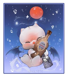 4k1030 bag blue_background bomb_(final_fantasy) bottle character_charm charm_(object) chocobo closed_eyes detached_wings facing_viewer final_fantasy final_fantasy_vii final_fantasy_vii_remake full_body gradient_background highres holding holding_bottle moogle no_humans red_nose shoulder_bag star_(symbol) tears twitter_username water whiskers white_fur wings