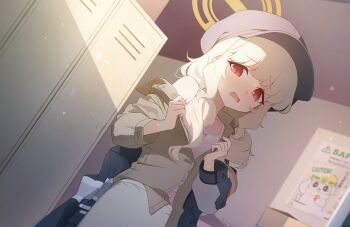 1girl aoba_(blue_archive) armband bare_shoulders black_hat blonde_hair blue_archive blush bow_camisole camisole fluffy_hair game_cg halo hat highres indoors jacket locker locker_room long_hair long_sleeves looking_at_viewer low_twintails nemoga newsboy_cap official_art open_clothes open_mouth red_eyes skirt solo sweat twintails underwear undressing white_camisole white_skirt yellow_armband yellow_halo