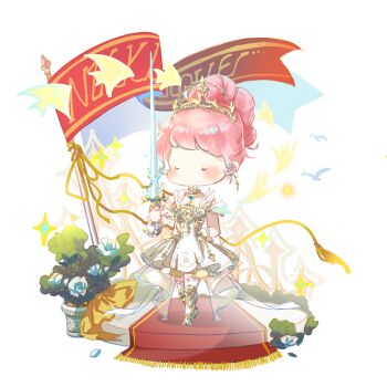 Rule 34 | 1girl, arm behind back, armor, blunt bangs, blush stickers, boots, breastplate, character name, chibi, chinese commentary, closed eyes, coattails, commentary request, dress, earrings, flag, flower, gold earrings, gold tiara, hair bun, highres, holding, holding sword, holding weapon, infinity nikki, interruption (echo-023), jewelry, knee pads, medium dress, melody bloom (infinity nikki), nikki (nikki), nikki (series), no mouth, petals, pink hair, plant, pleated dress, potted plant, procreate (medium), red carpet, rose, short hair, short sleeves, simple background, simple bird, single hair bun, solo, sparkle, standing, sword, thighhighs, updo, weapon, white arm warmers, white background, white dress, white flower, white rose, white thighhighs, yellow boots