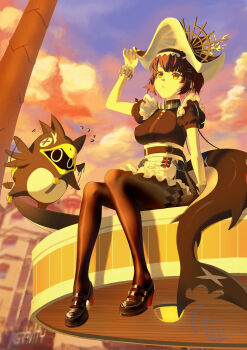 1girl 1other absurdres apron arm_up black_dress black_hair black_pantyhose breasts closed_mouth cloud dress ellen_joe fins fish_tail flapping frilled_apron frilled_wrist_cuffs frills hair_ornament hat high_heels highres looking_up maid maid_apron medium_breasts pantyhose penguinboo_(zenless_zone_zero) puffy_short_sleeves puffy_sleeves red_eyes shark_girl shark_tail shi_boyuan short_hair short_sleeves sitting tail tree waist_apron white_apron wings wrist_cuffs zenless_zone_zero