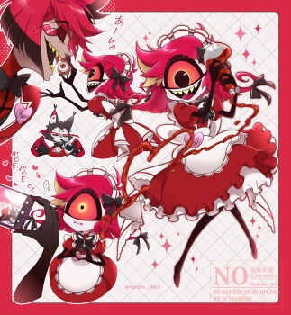 1girl 2boys alastor_(hazbin_hotel) animal_ears apron black_eyes black_hair body_fur bow cat_ears colored_sclera deer_ears dress furry furry_male hair_bow hazbin_hotel hellaverse highres holding husk_(hazbin_hotel) kurobe_sclock maid_headdress medium_hair multicolored_hair multiple_boys niffty_(hazbin_hotel) red_background red_dress red_hair red_sclera sharp_teeth smile teeth two-tone_hair upper_teeth_only waist_apron white_apron white_background