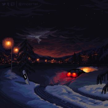 animated animated_gif artist_name black_sky car city_lights cloud cloudy_sky lamppost lightning looping_animation moertel motor_vehicle mountainous_horizon night no_humans original outdoors pine_tree pixel_art scenery skid_mark sky snow thunderstorm tree