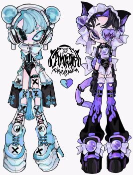 Rule 34 | 2girls, amatou akuma, animal ears, aqua eyes, aqua hair, back bow, belt, black eyes, black hair, black leg warmers, black leotard, black shoes, black straps, blue eyes, blue hair, blue tassel, blue theme, blue trim, boots, bow, broken heart, cat ears, cat girl, cat tail, chain, closed mouth, clothing cutout, collar, colored inner hair, colored sclera, crop top, cross, cross print, detached sleeves, double bun, earrings, expressionless, eyepatch, facing viewer, female focus, frilled eyepatch, frills, full body, garter straps, grey sclera, hair bun, headphones, heart, heart cutout, heart eyepatch, heart ring strap, heterochromia, high heels, highres, jewelry, knee pads, lace-up boots, leg warmers, leotard, looking at viewer, maid headdress, makeup, multicolored hair, multicolored shoes, multiple girls, no nose, one-eyed, one eye covered, orb, original, platform heels, platform shoes, purple bow, purple earrings, purple eyes, purple hair, purple leg warmers, purple shoes, purple tail, purple theme, purple trim, ribbon, shoes, short hair, short sleeves, sideways mouth, signature, simple background, single earring, skates, sleeveless, sleeves past fingers, sleeves past wrists, standing, stitches, symbol-shaped pupils, tail, tassel, tattoo, thigh strap, two-tone hair, two-tone leg warmers, two-tone shoes, white background, white bow, white shoes