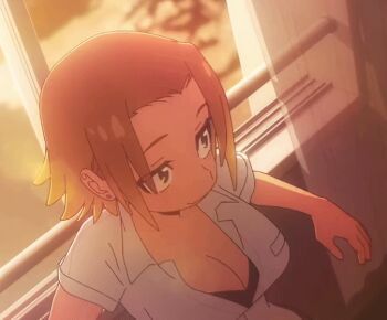 1girl 2025 20s animated animated_gif black_bra blonde_hair blush bra bra_peek breasts brown_eyes brown_hair cleavage collarbone collared_shirt earrings fang gradient_hair jewelry kasamaru_aoi large_breasts multicolored_hair open_mouth parted_bangs partially_unbuttoned ruri_no_houseki school_uniform shirt short_hair short_sleeves summer_uniform tagme underwear white_shirt wind window window_blinds