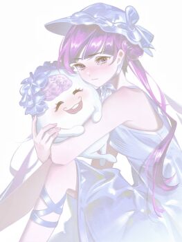 Rule 34 | 1girl, absurdres, alternate costume, bare shoulders, blush, brain, carrying, chinese commentary, closed mouth, commentary request, dress, eyelashes, foufou1115, hair bun, hat, highres, leg ribbon, long hair, looking at viewer, open mouth, pink eyes, pink hair, ribbon, simple background, sirei (hundred line), sitting, sleeveless, sleeveless dress, smile, spoilers, the hundred line -last defense academy-, tsukumo ima, tsukumo kako, variant set, white background, white dress, white hat, white ribbon